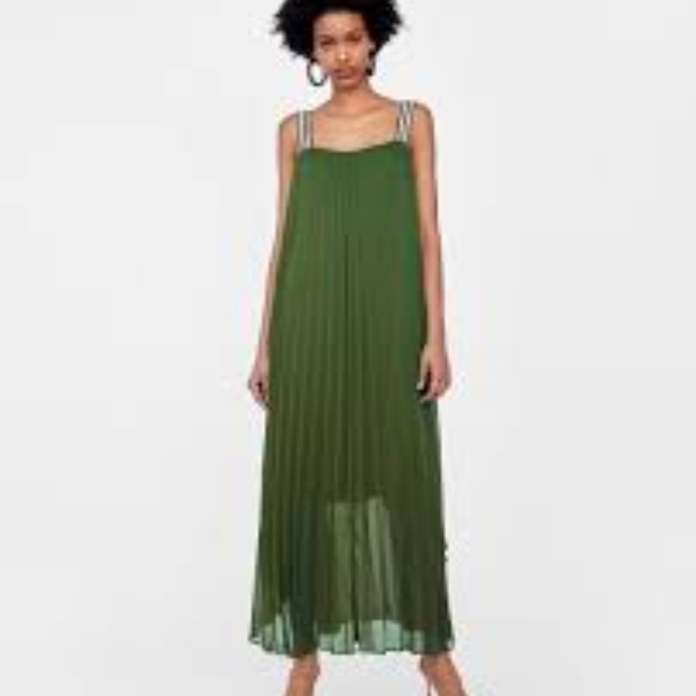 NWT! Zara Green Long Pleated Dress, Size Medium